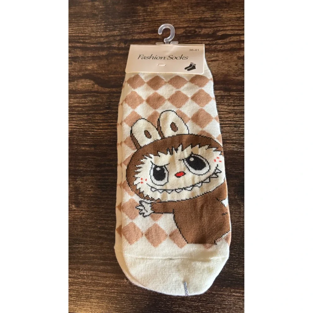 Labubu Character Argyle Ankle Socks Tan Cream Diamond Pattern New